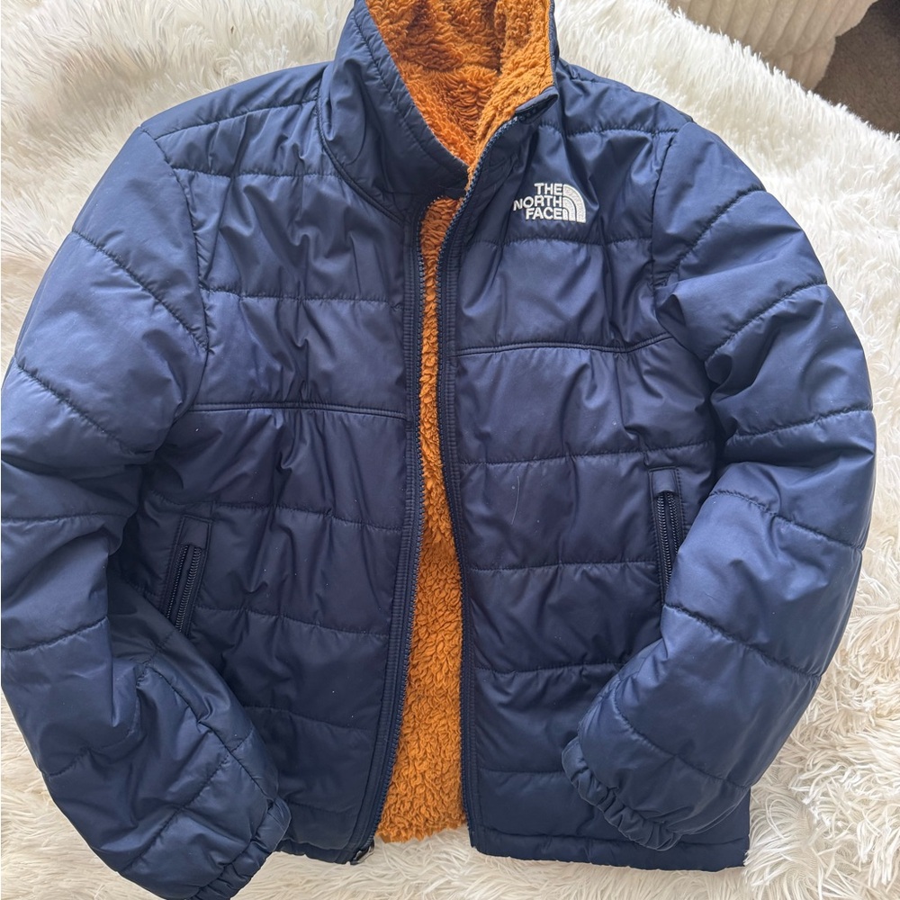 The North Face Navy Puffer Jacket with Tan Fleece Lining- Reversible